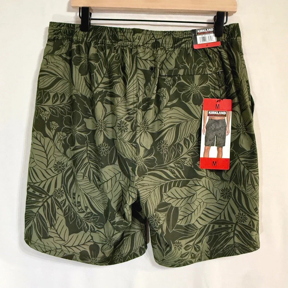 Kirkland Signature Mens M Lined Swim Shorts Green Floral Tropical Trunks NEW